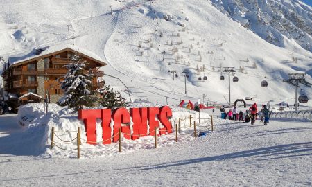 Ski station of Tignes in winter, letters Tignes