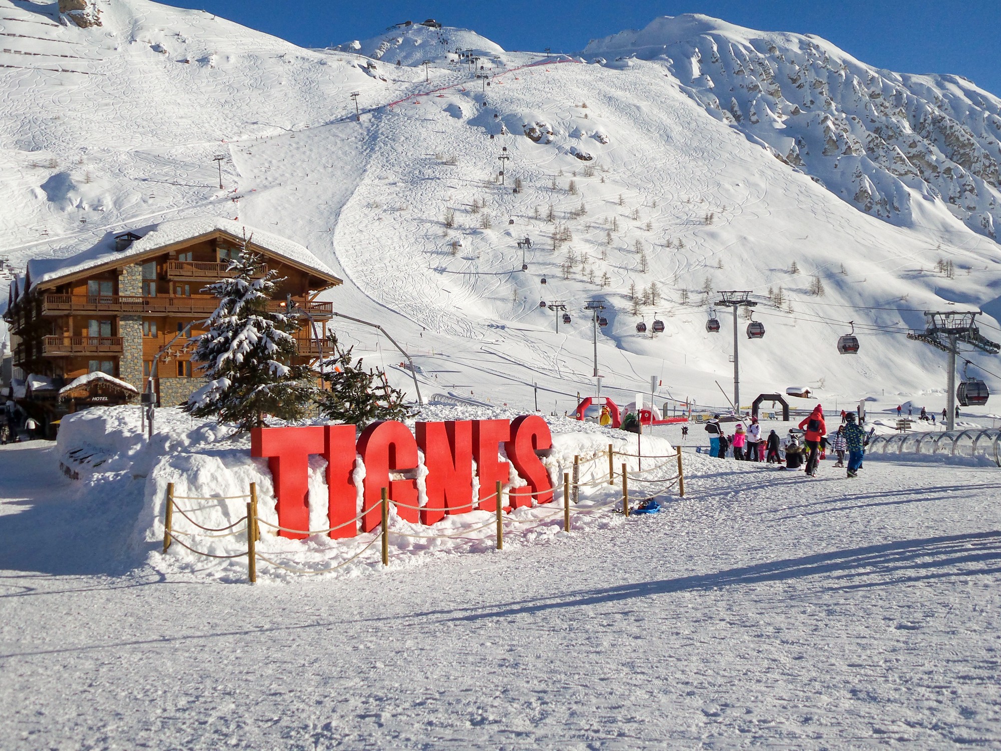 Ski station of Tignes in winter, letters Tignes